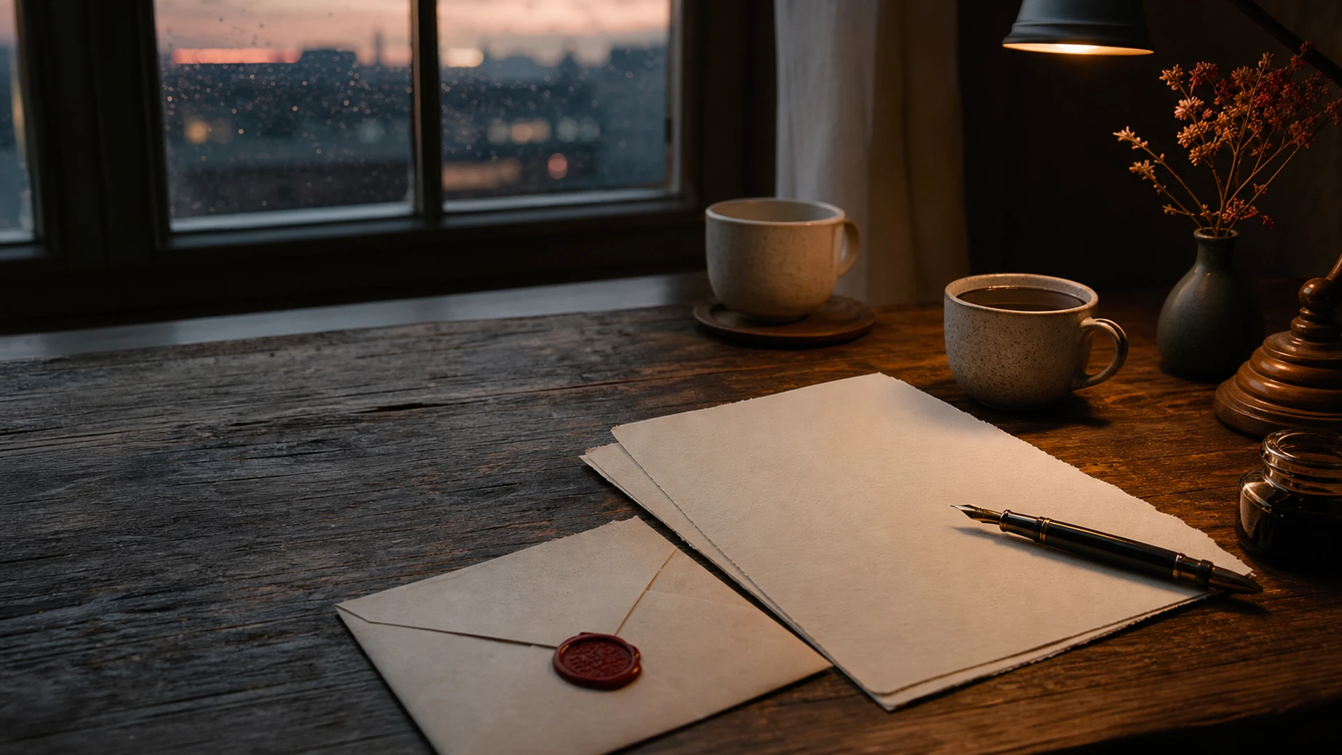 A dusk writing desk with a blank letter, envelope, fountain pen, and two cups.