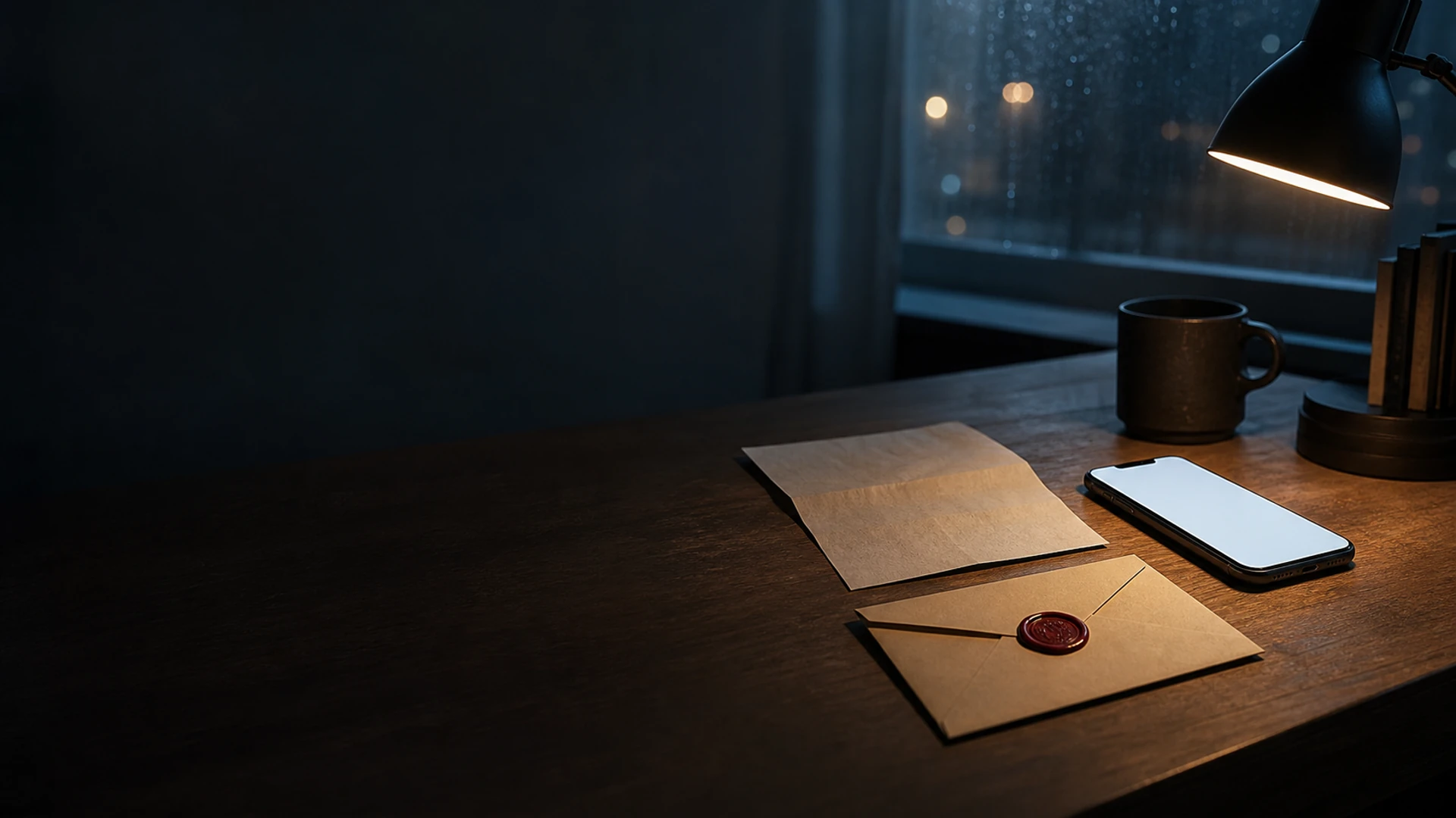 A late-night desk with a phone, blank note, sealed envelope, and rain outside the window.